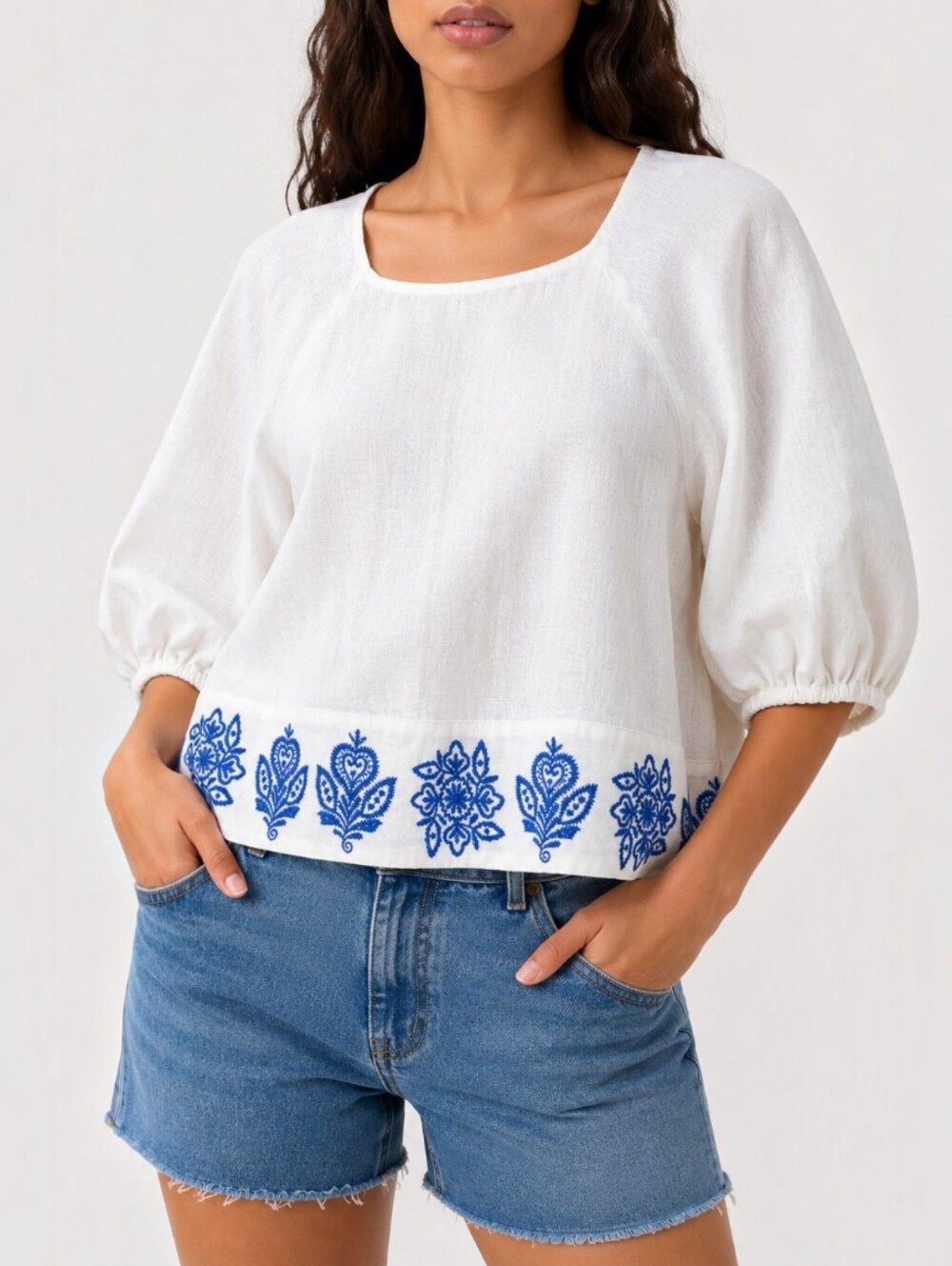 House of Harlow 1960 Linen Blend Embroidered Puff Sleeve Boxy Boho Blouse S